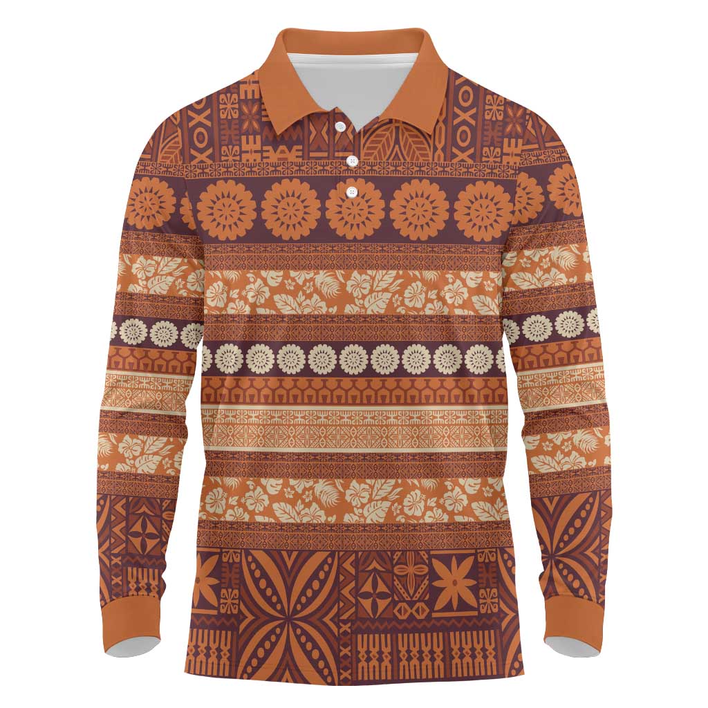 Fiji Marau na Kerisimasi Long Sleeve Polo Shirt Gold Tapa Masi Inspired Christmas LT9 Gold - Polynesian Pride
