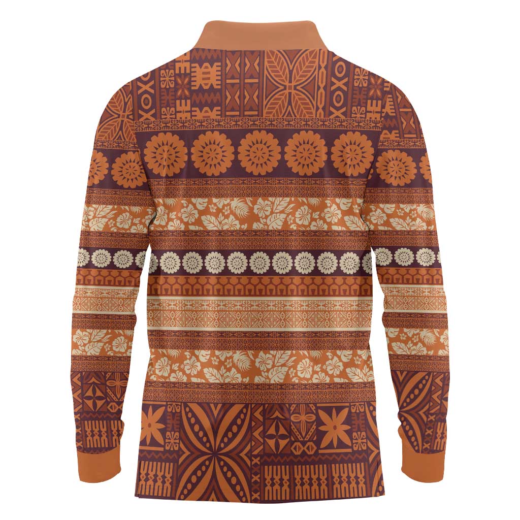 Fiji Marau na Kerisimasi Long Sleeve Polo Shirt Gold Tapa Masi Inspired Christmas LT9 - Polynesian Pride