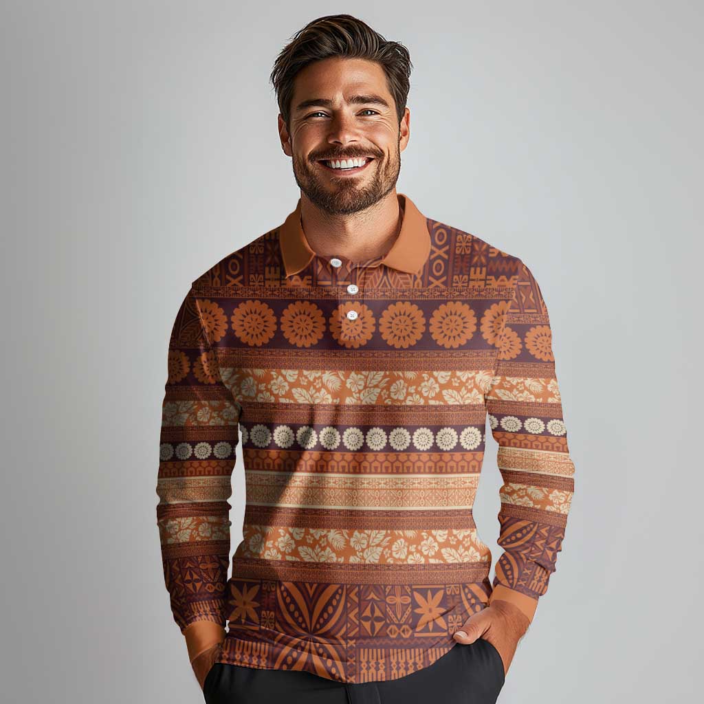 Fiji Marau na Kerisimasi Long Sleeve Polo Shirt Gold Tapa Masi Inspired Christmas LT9 - Polynesian Pride