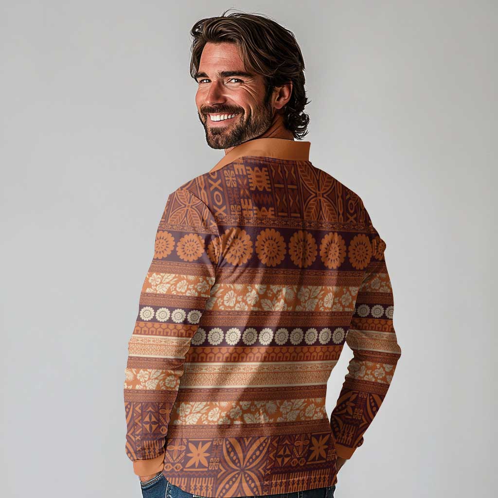 Fiji Marau na Kerisimasi Long Sleeve Polo Shirt Gold Tapa Masi Inspired Christmas LT9 - Polynesian Pride