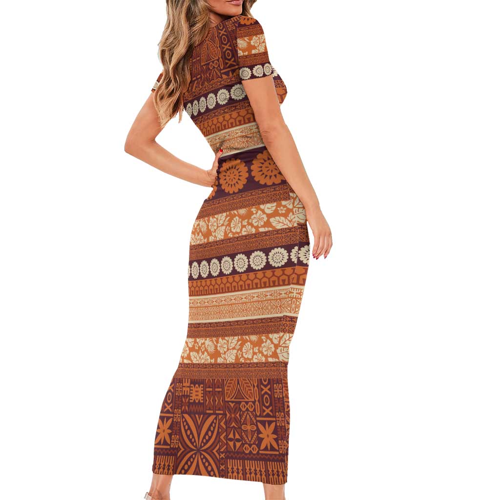 Fiji Marau na Kerisimasi Short Sleeve Bodycon Dress Gold Tapa Masi Inspired Christmas LT9 - Polynesian Pride