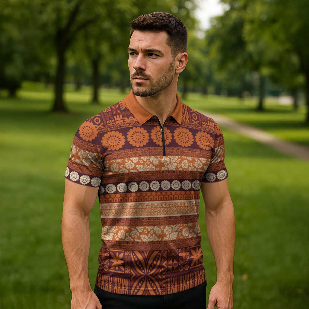 Fiji Marau na Kerisimasi Zipper Polo Shirt Gold Tapa Masi Inspired Christmas LT9 - Polynesian Pride