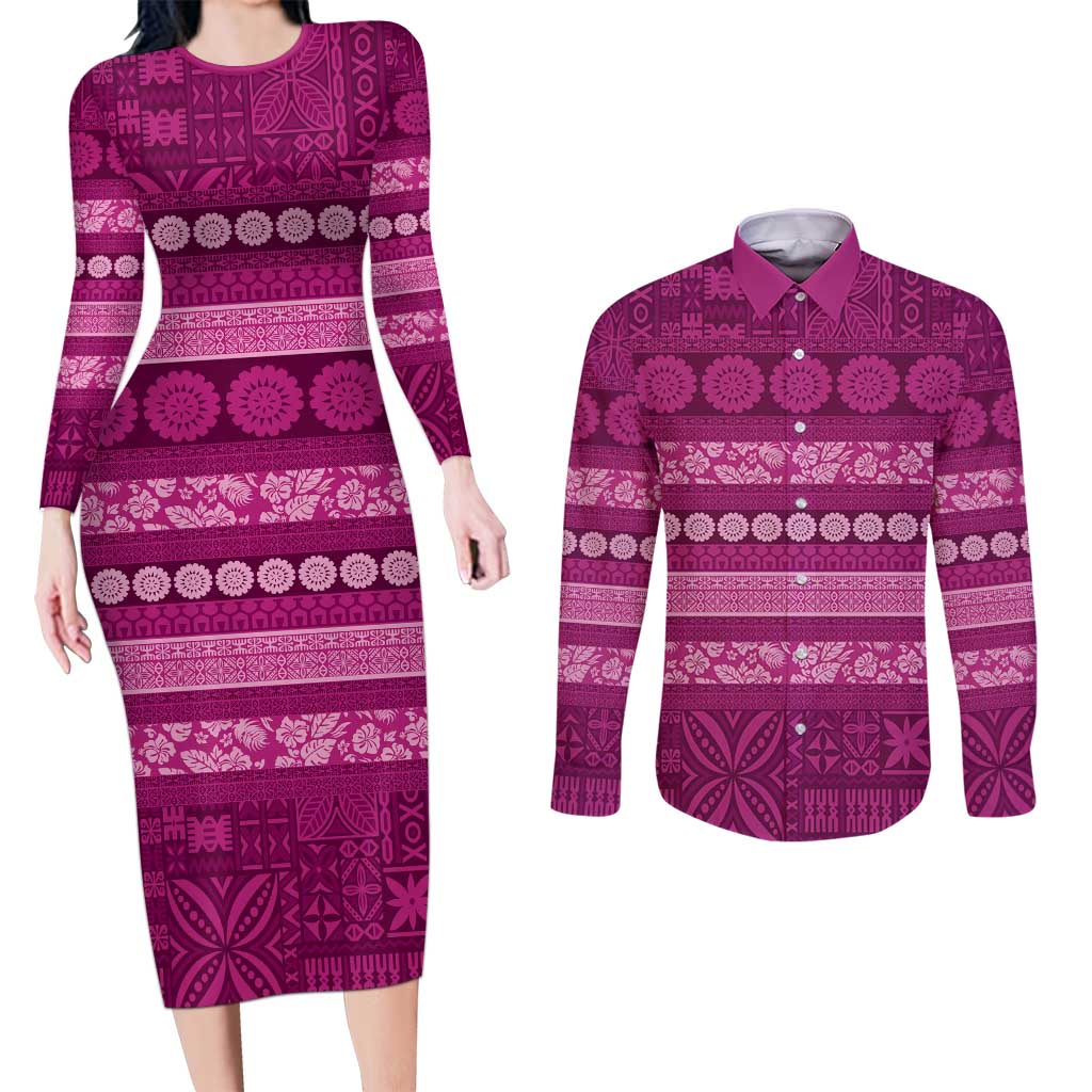 Fiji Marau na Kerisimasi Couples Matching Long Sleeve Bodycon Dress and Long Sleeve Button Shirt Pink Tapa Masi Inspired Christmas LT9 Pink - Polynesian Pride