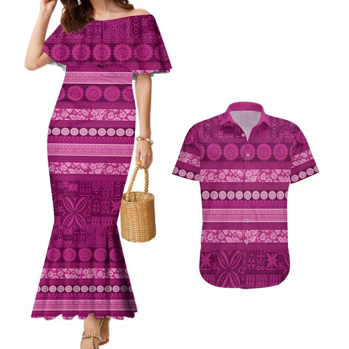 Fiji Marau na Kerisimasi Couples Matching Mermaid Dress and Hawaiian Shirt Pink Tapa Masi Inspired Christmas LT9 Pink - Polynesian Pride
