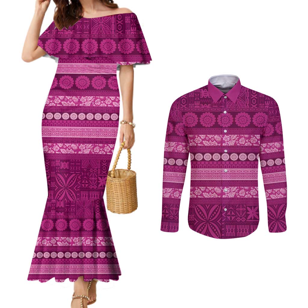Fiji Marau na Kerisimasi Couples Matching Mermaid Dress and Long Sleeve Button Shirt Pink Tapa Masi Inspired Christmas LT9 Pink - Polynesian Pride