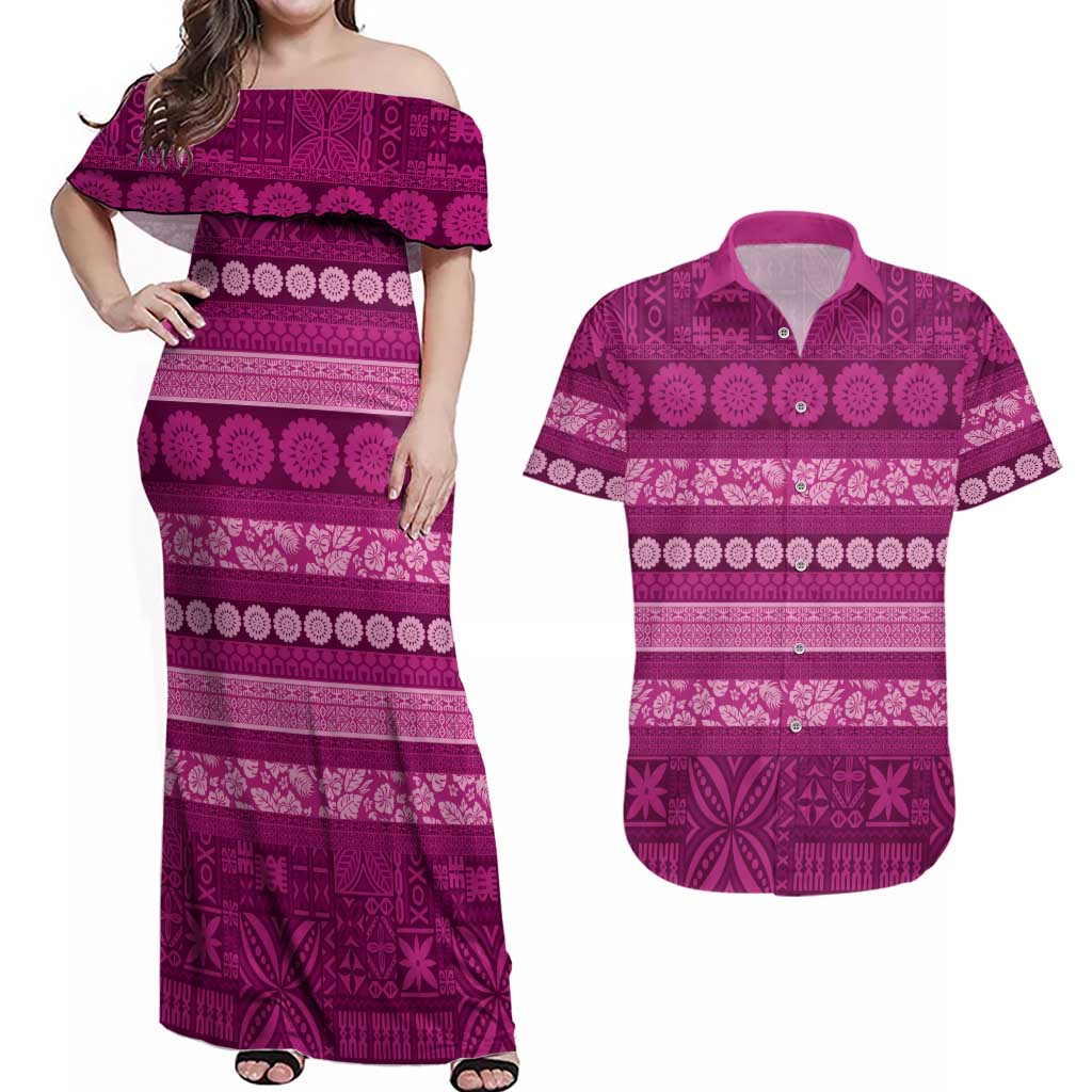 Fiji Marau na Kerisimasi Couples Matching Off Shoulder Maxi Dress and Hawaiian Shirt Pink Tapa Masi Inspired Christmas LT9 Pink - Polynesian Pride