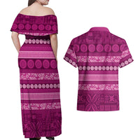 Fiji Marau na Kerisimasi Couples Matching Off Shoulder Maxi Dress and Hawaiian Shirt Pink Tapa Masi Inspired Christmas LT9 - Polynesian Pride