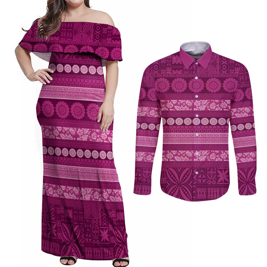Fiji Marau na Kerisimasi Couples Matching Off Shoulder Maxi Dress and Long Sleeve Button Shirt Pink Tapa Masi Inspired Christmas LT9 Pink - Polynesian Pride