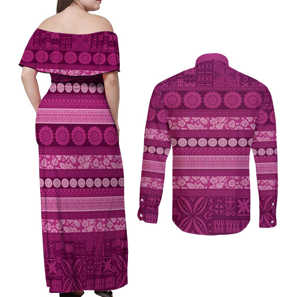 Fiji Marau na Kerisimasi Couples Matching Off Shoulder Maxi Dress and Long Sleeve Button Shirt Pink Tapa Masi Inspired Christmas LT9 - Polynesian Pride