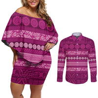 Fiji Marau na Kerisimasi Couples Matching Off Shoulder Short Dress and Long Sleeve Button Shirt Pink Tapa Masi Inspired Christmas LT9 Pink - Polynesian Pride