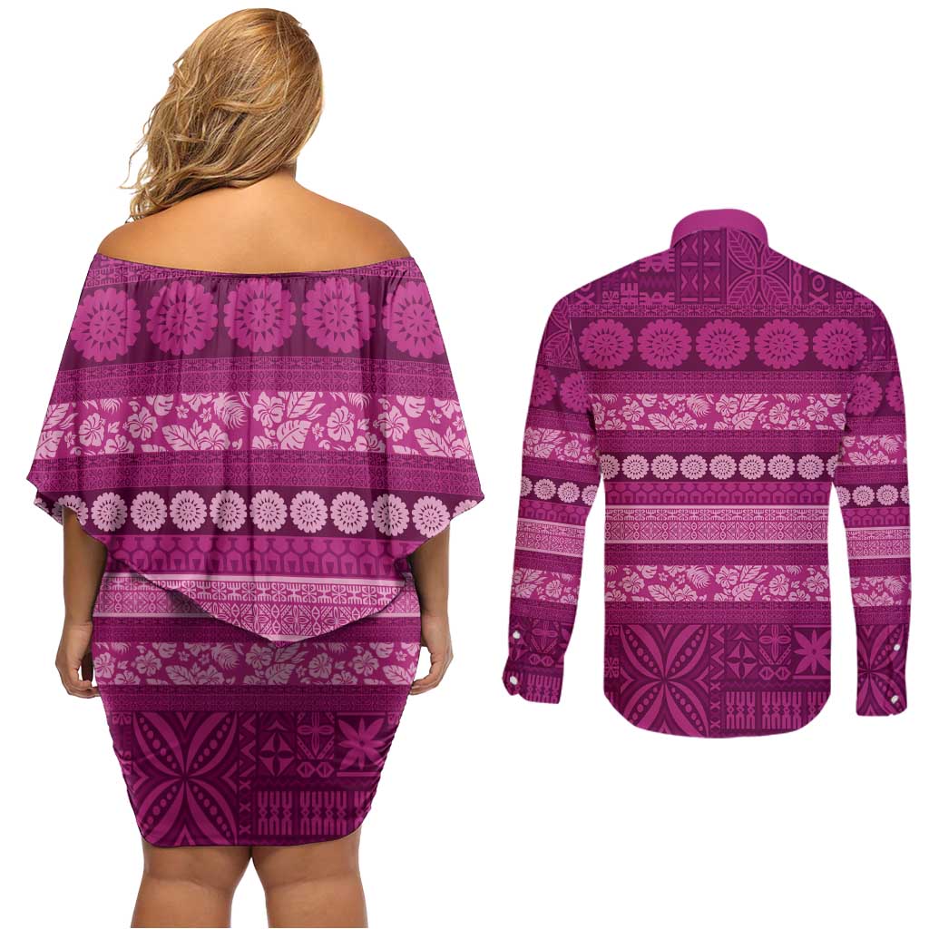 Fiji Marau na Kerisimasi Couples Matching Off Shoulder Short Dress and Long Sleeve Button Shirt Pink Tapa Masi Inspired Christmas LT9 - Polynesian Pride