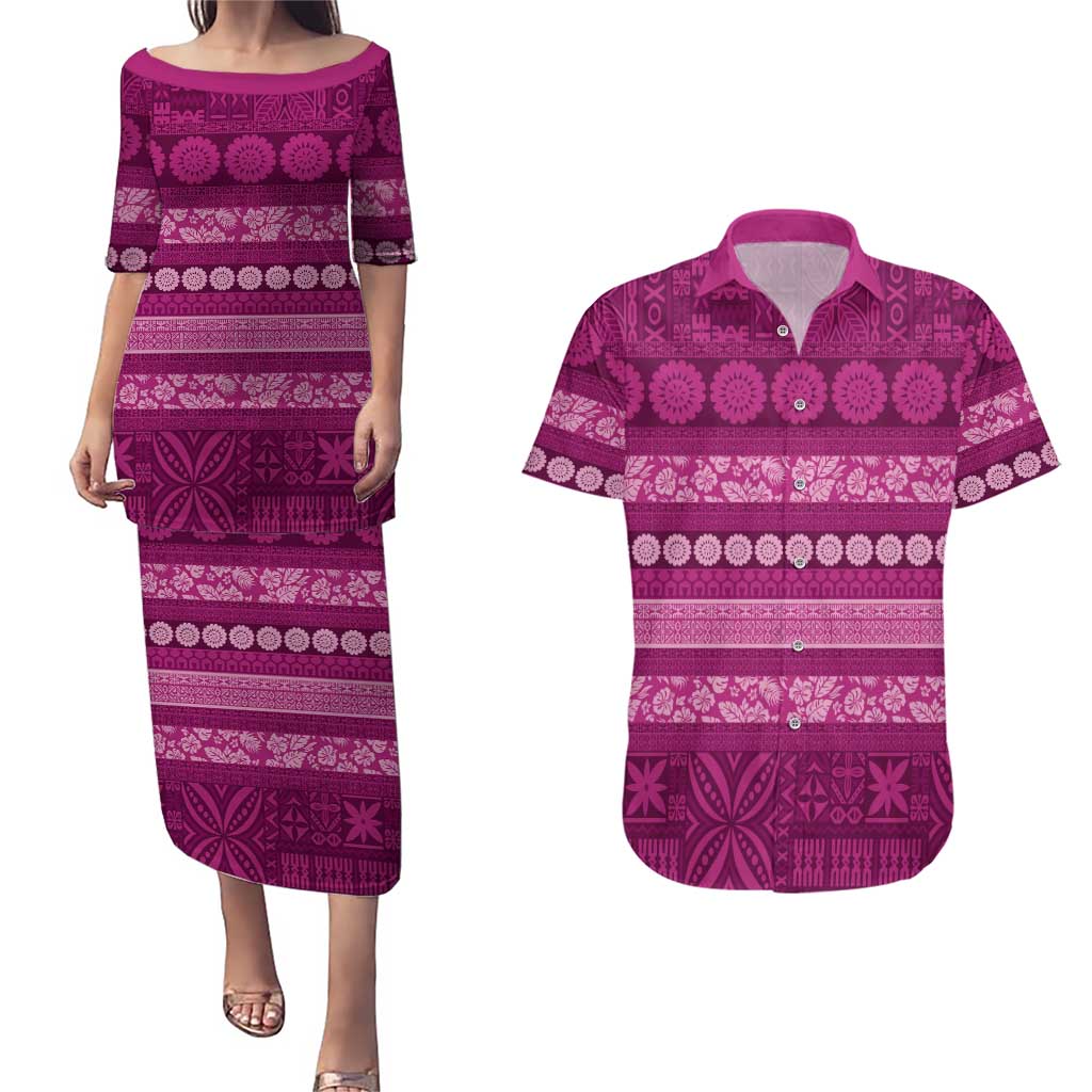 Fiji Marau na Kerisimasi Couples Matching Puletasi and Hawaiian Shirt Pink Tapa Masi Inspired Christmas LT9 Pink - Polynesian Pride
