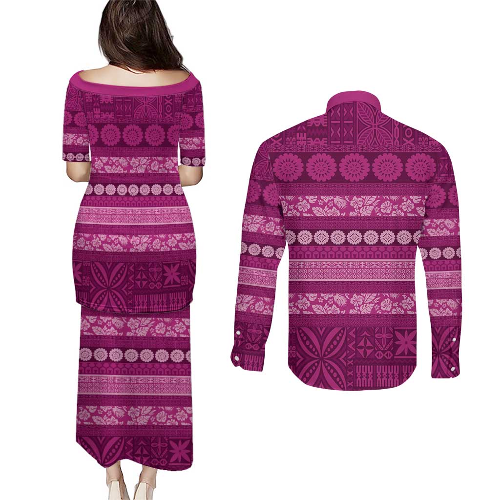 Fiji Marau na Kerisimasi Couples Matching Puletasi and Long Sleeve Button Shirt Pink Tapa Masi Inspired Christmas LT9 - Polynesian Pride