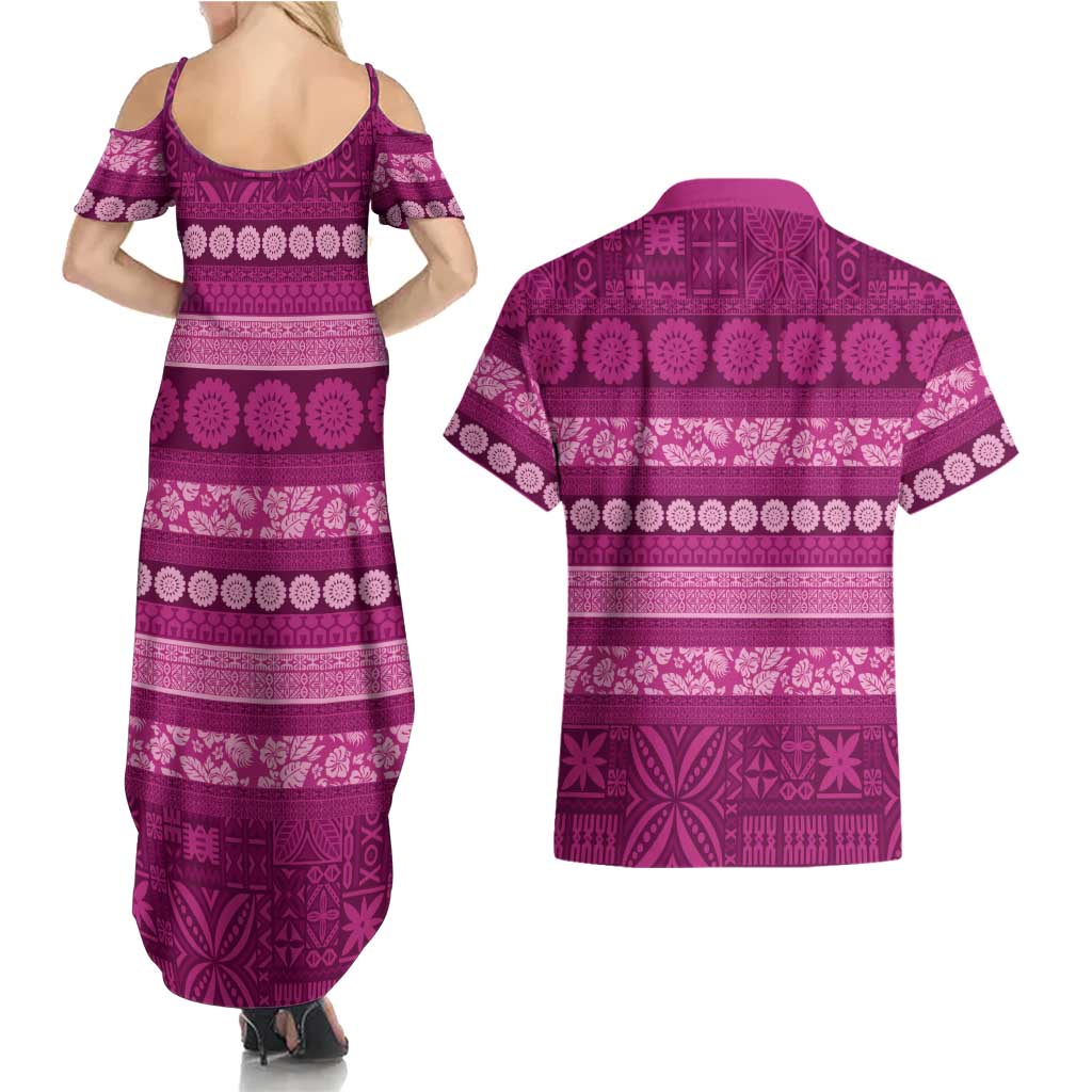 Fiji Marau na Kerisimasi Couples Matching Summer Maxi Dress and Hawaiian Shirt Pink Tapa Masi Inspired Christmas LT9 - Polynesian Pride
