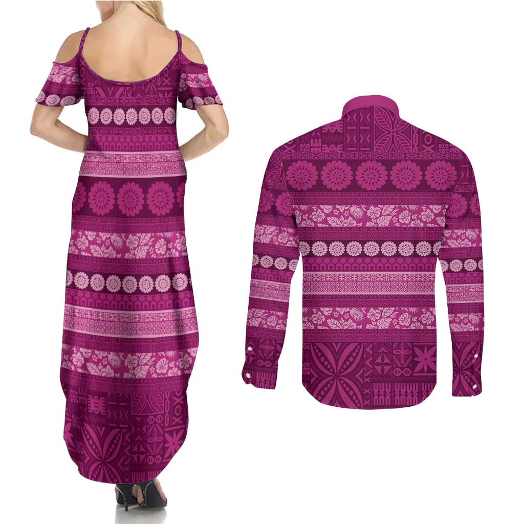 Fiji Marau na Kerisimasi Couples Matching Summer Maxi Dress and Long Sleeve Button Shirt Pink Tapa Masi Inspired Christmas LT9 - Polynesian Pride