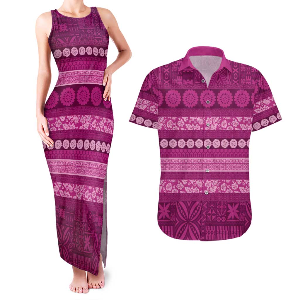 Fiji Marau na Kerisimasi Couples Matching Tank Maxi Dress and Hawaiian Shirt Pink Tapa Masi Inspired Christmas - Polynesian Pride