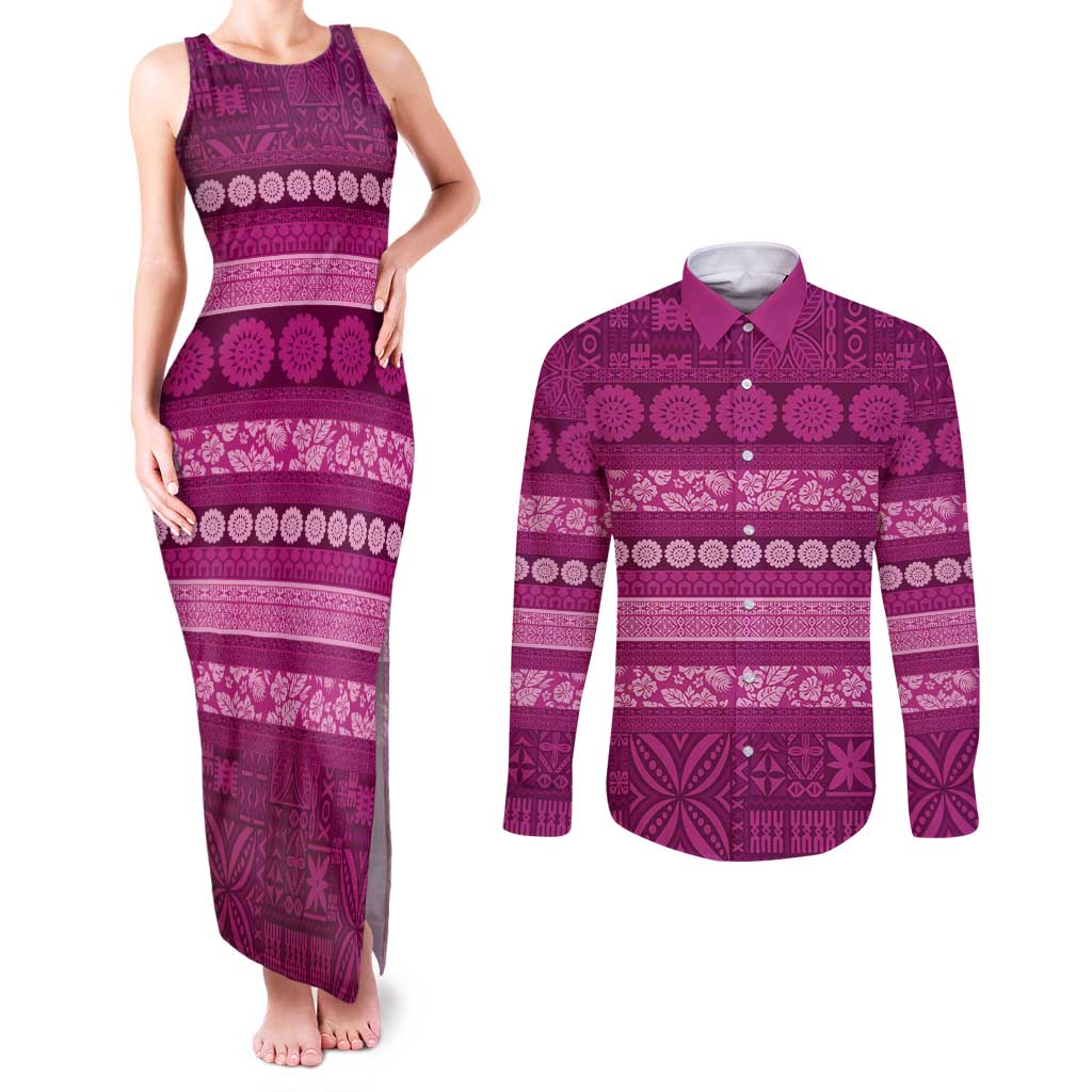 Fiji Marau na Kerisimasi Couples Matching Tank Maxi Dress and Long Sleeve Button Shirt Pink Tapa Masi Inspired Christmas - Polynesian Pride