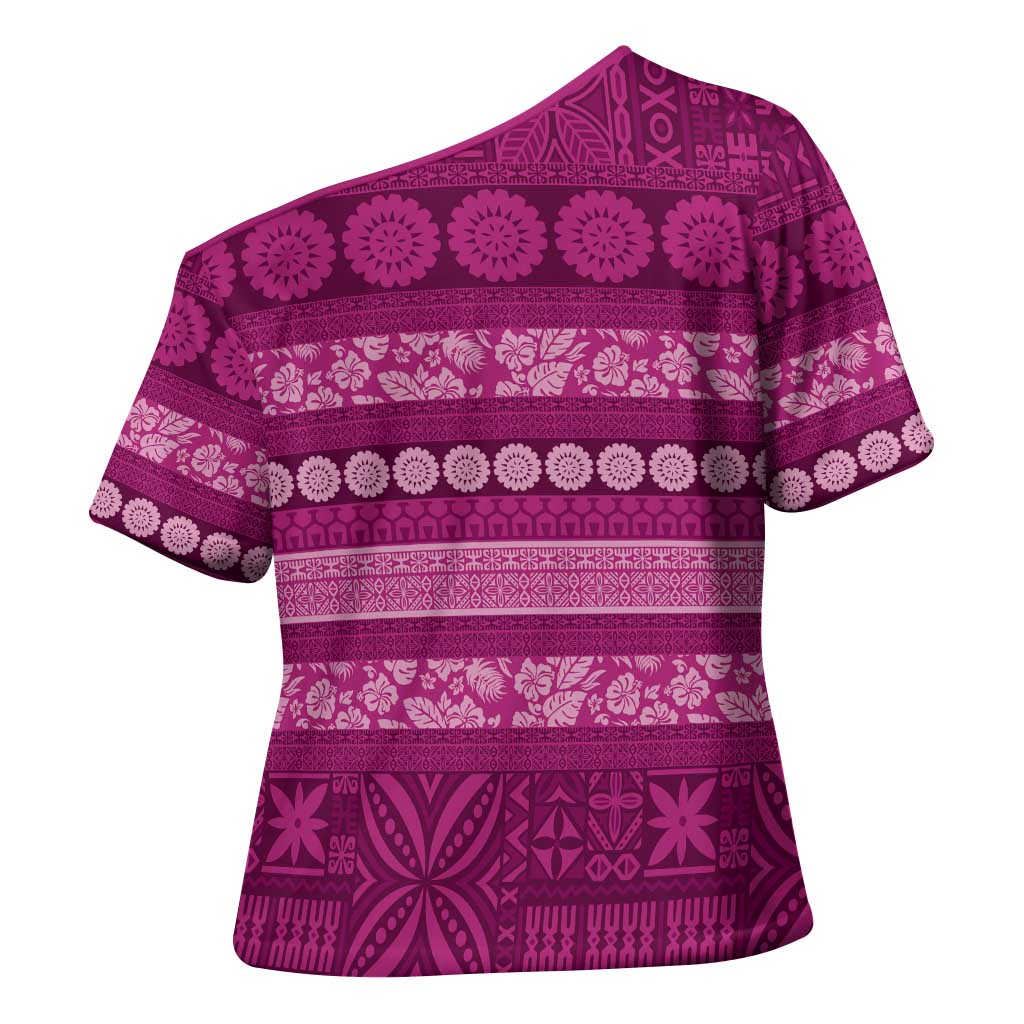 Fiji Marau na Kerisimasi Cross Shoulder Shirt Pink Tapa Masi Inspired Christmas LT9 - Polynesian Pride
