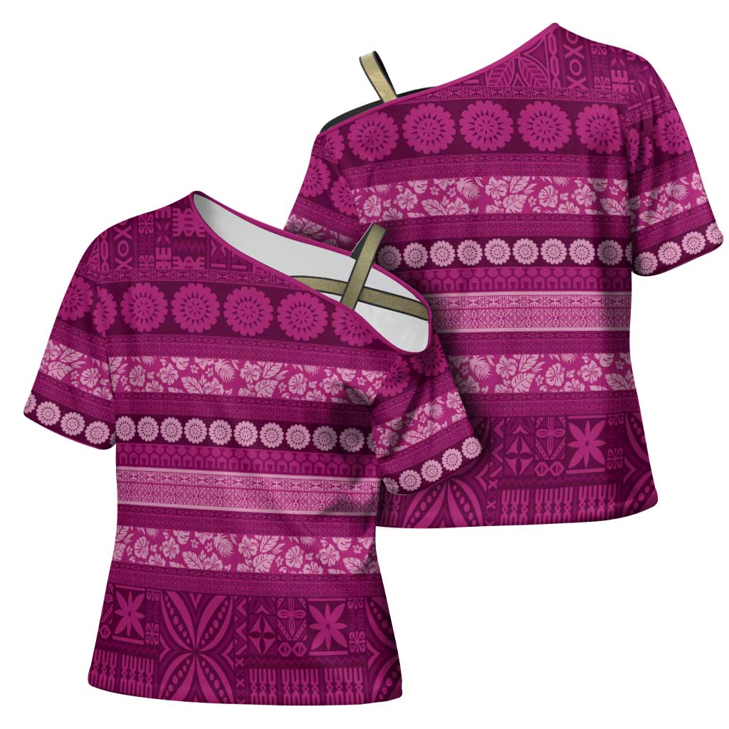 Fiji Marau na Kerisimasi Cross Shoulder Shirt Pink Tapa Masi Inspired Christmas LT9 - Polynesian Pride
