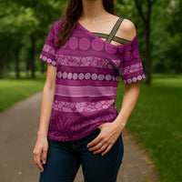 Fiji Marau na Kerisimasi Cross Shoulder Shirt Pink Tapa Masi Inspired Christmas LT9 - Polynesian Pride