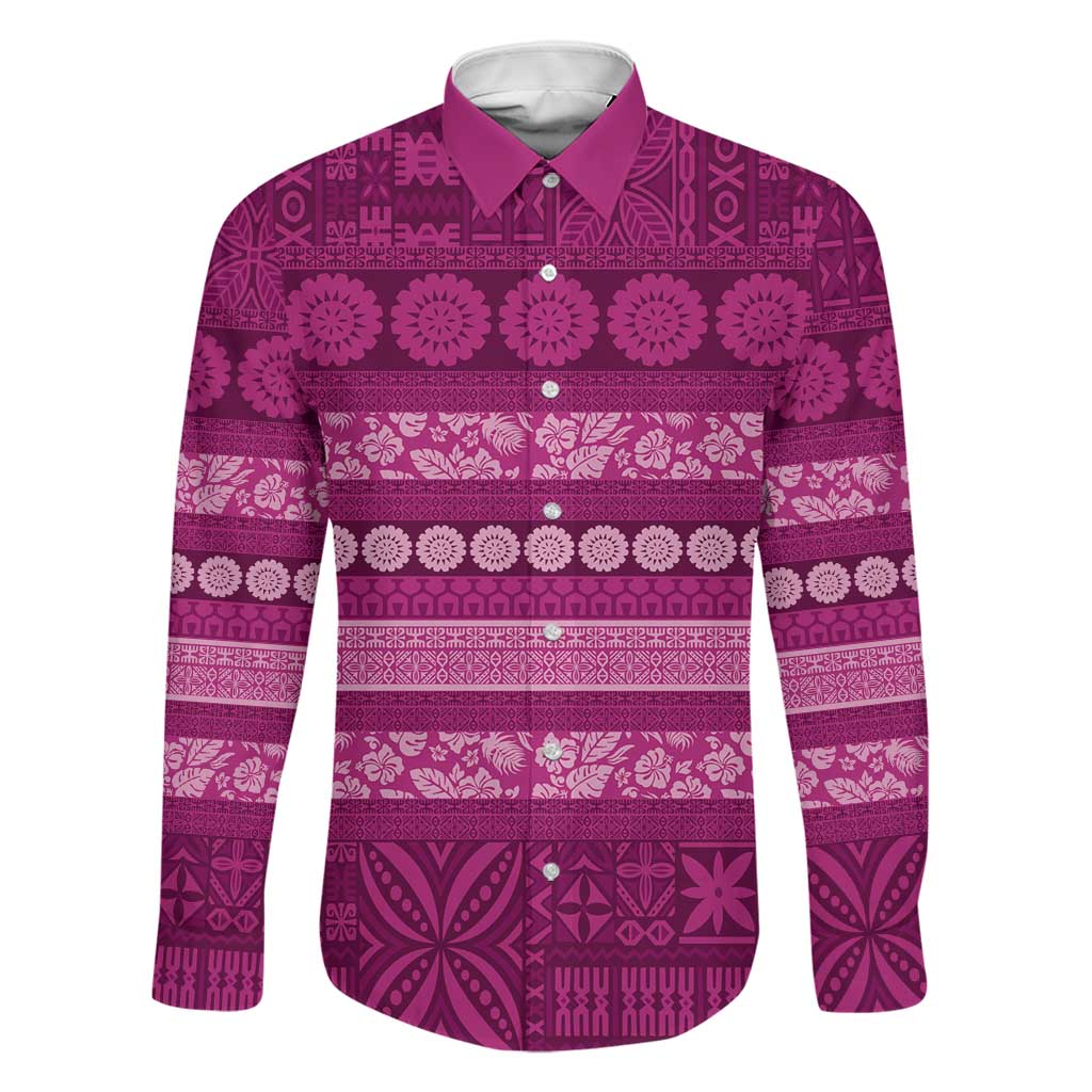 Fiji Marau na Kerisimasi Family Matching Mermaid Dress and Hawaiian Shirt Pink Tapa Masi Inspired Christmas LT9 Dad's Shirt - Long Sleeve Pink - Polynesian Pride