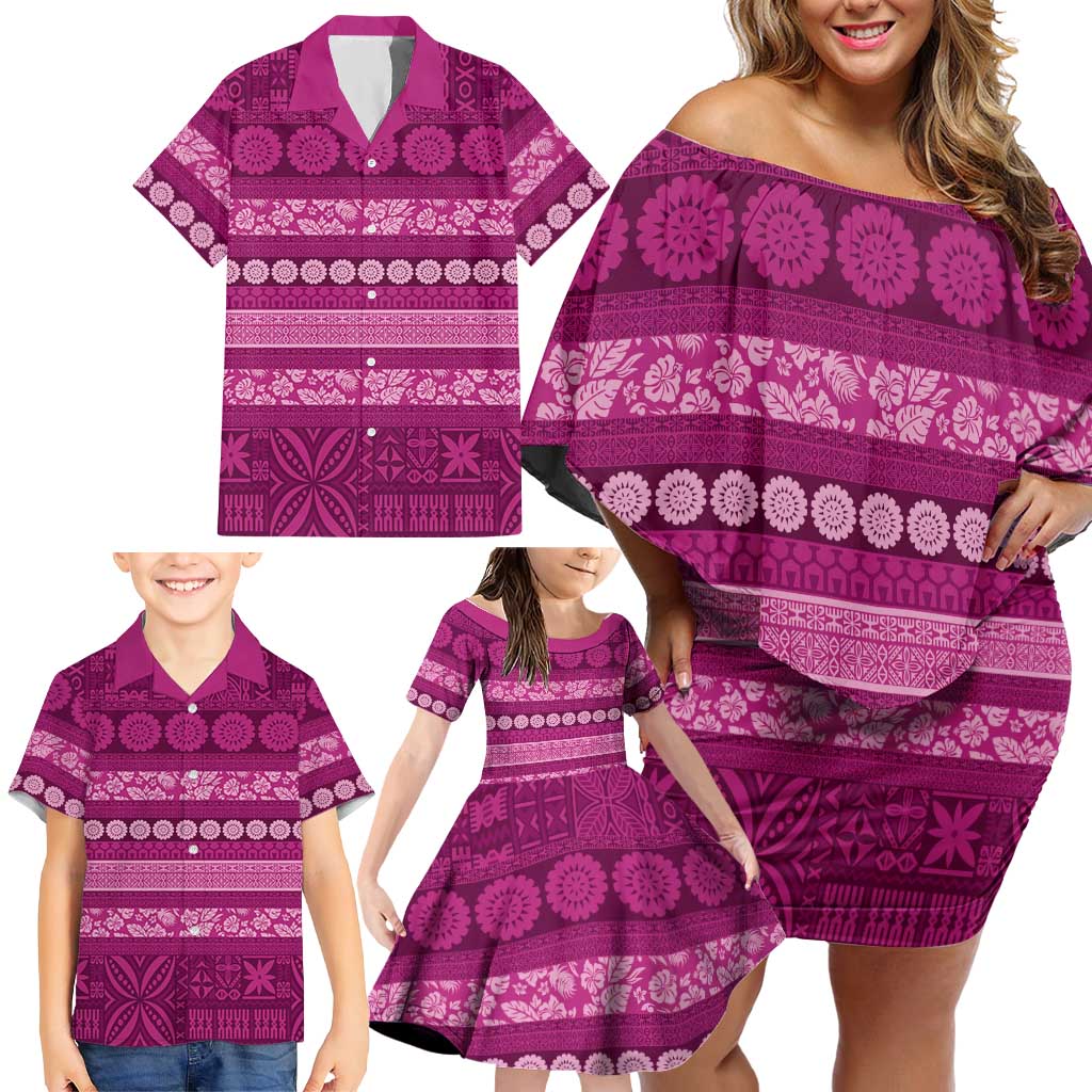 Fiji Marau na Kerisimasi Family Matching Off Shoulder Short Dress and Hawaiian Shirt Pink Tapa Masi Inspired Christmas - Polynesian Pride