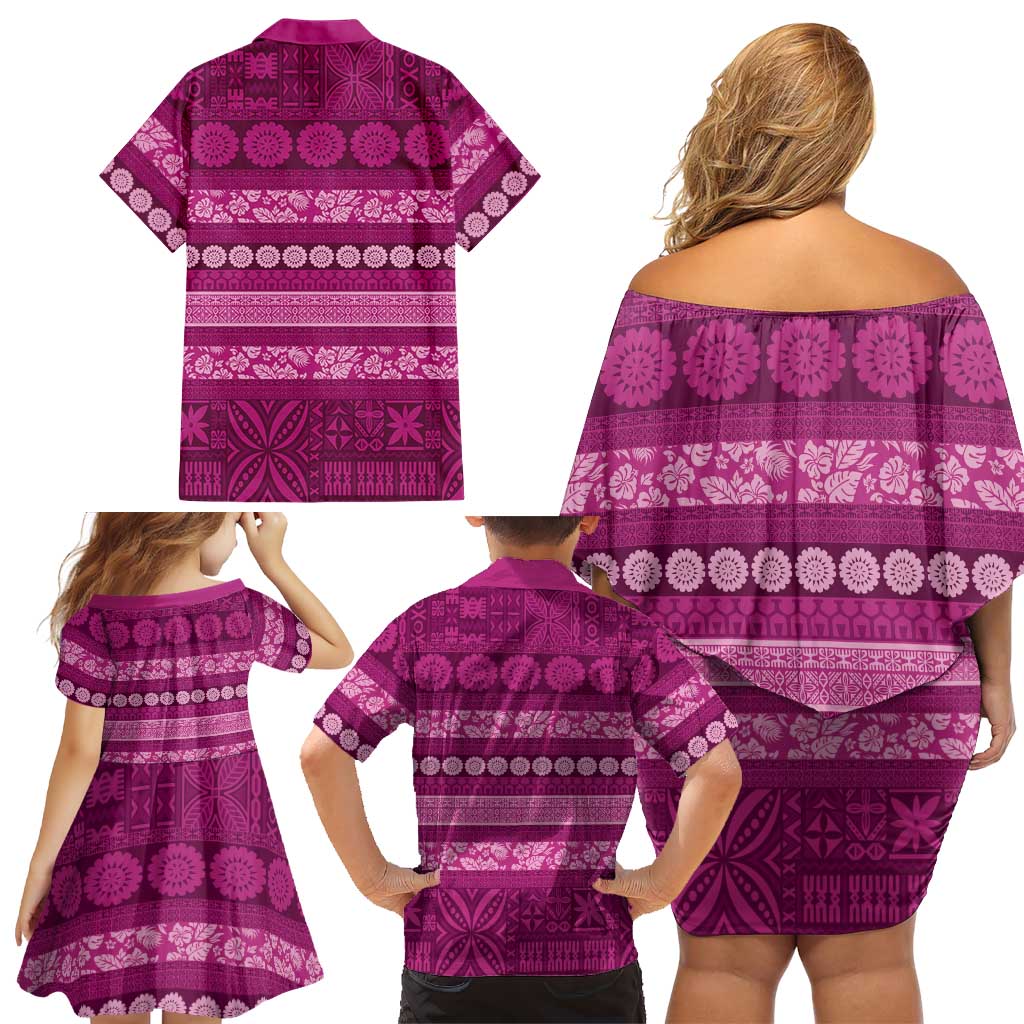 Fiji Marau na Kerisimasi Family Matching Off Shoulder Short Dress and Hawaiian Shirt Pink Tapa Masi Inspired Christmas LT9 - Polynesian Pride