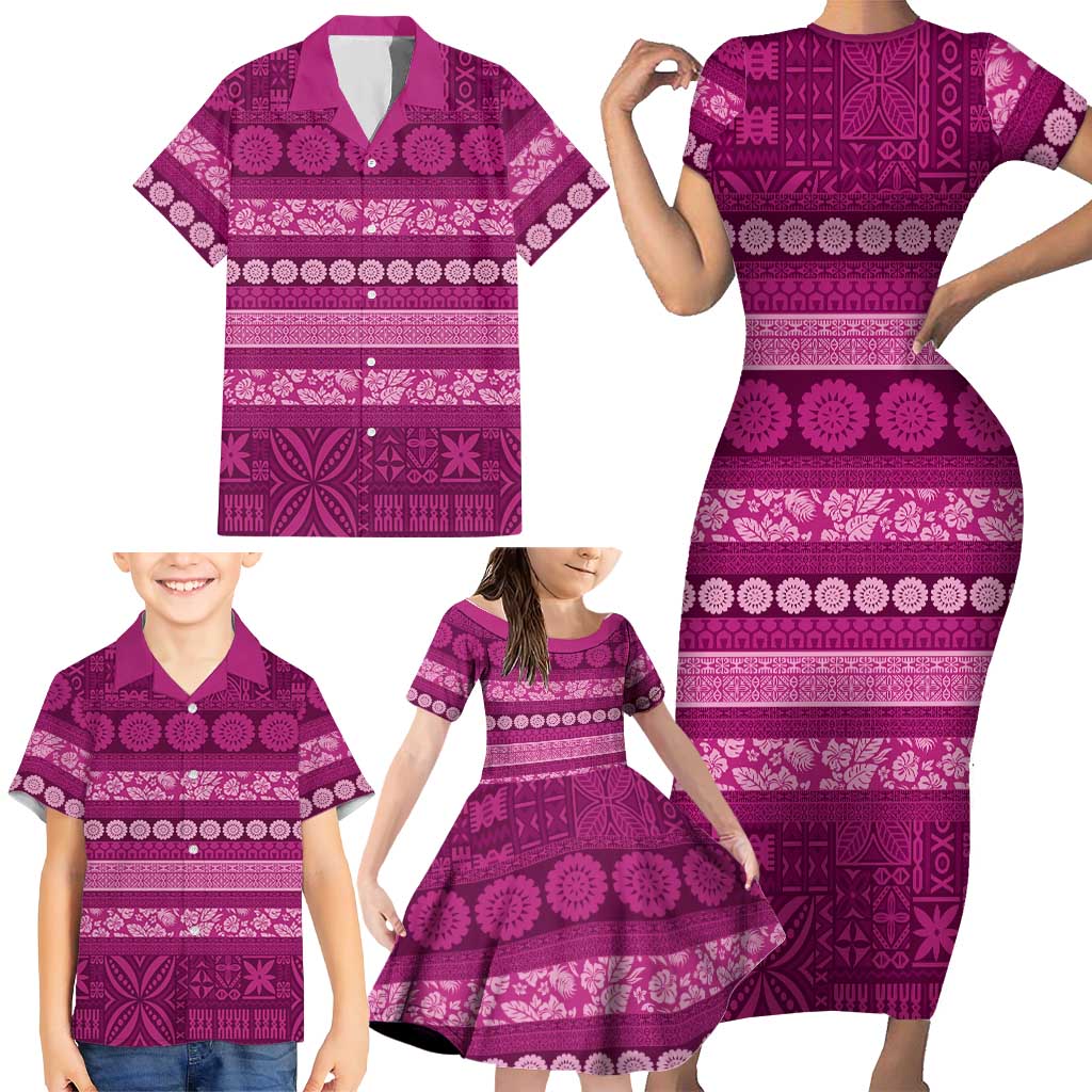 Fiji Marau na Kerisimasi Family Matching Short Sleeve Bodycon Dress and Hawaiian Shirt Pink Tapa Masi Inspired Christmas LT9 - Polynesian Pride