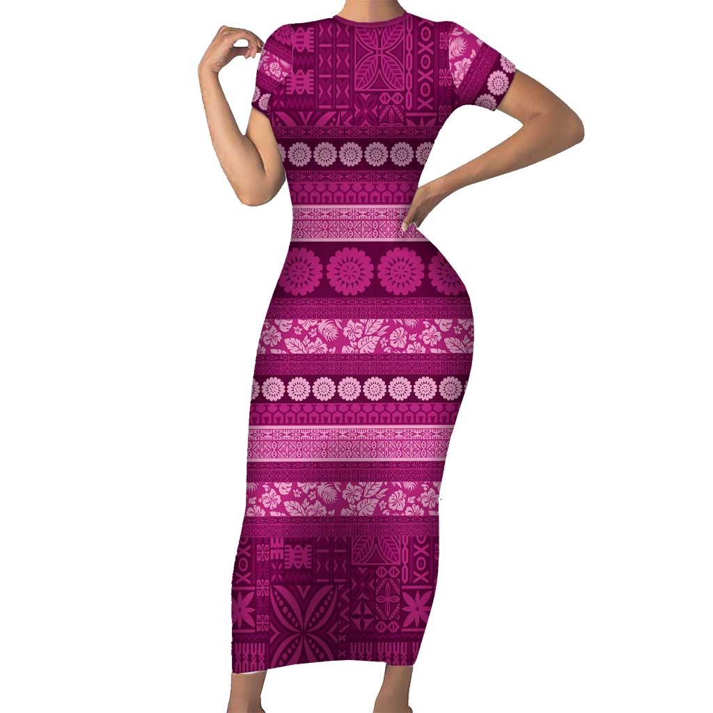 Fiji Marau na Kerisimasi Family Matching Short Sleeve Bodycon Dress and Hawaiian Shirt Pink Tapa Masi Inspired Christmas LT9 Mom's Dress Pink - Polynesian Pride
