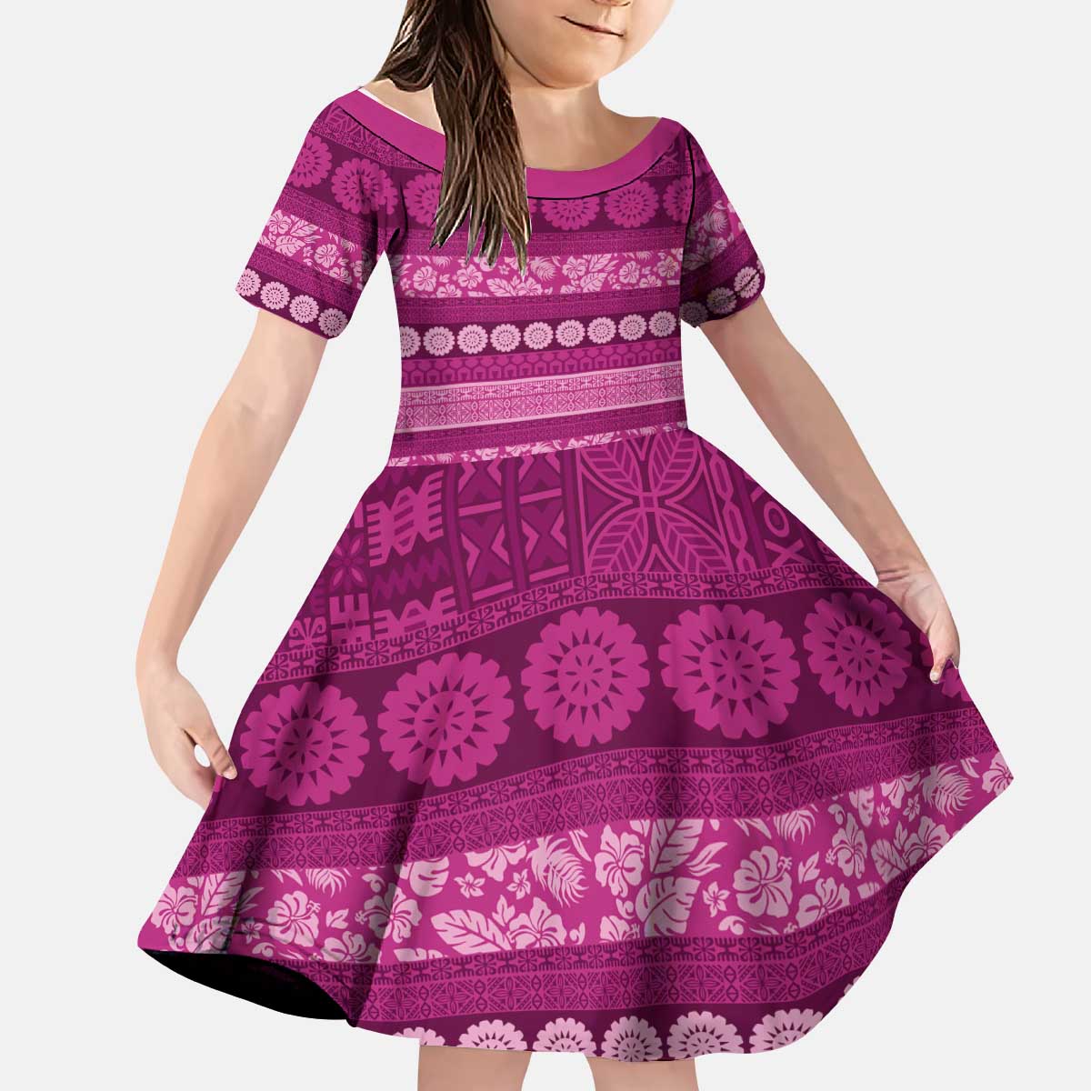 Fiji Marau na Kerisimasi Kid Short Sleeve Dress Pink Tapa Masi Inspired Christmas - Polynesian Pride