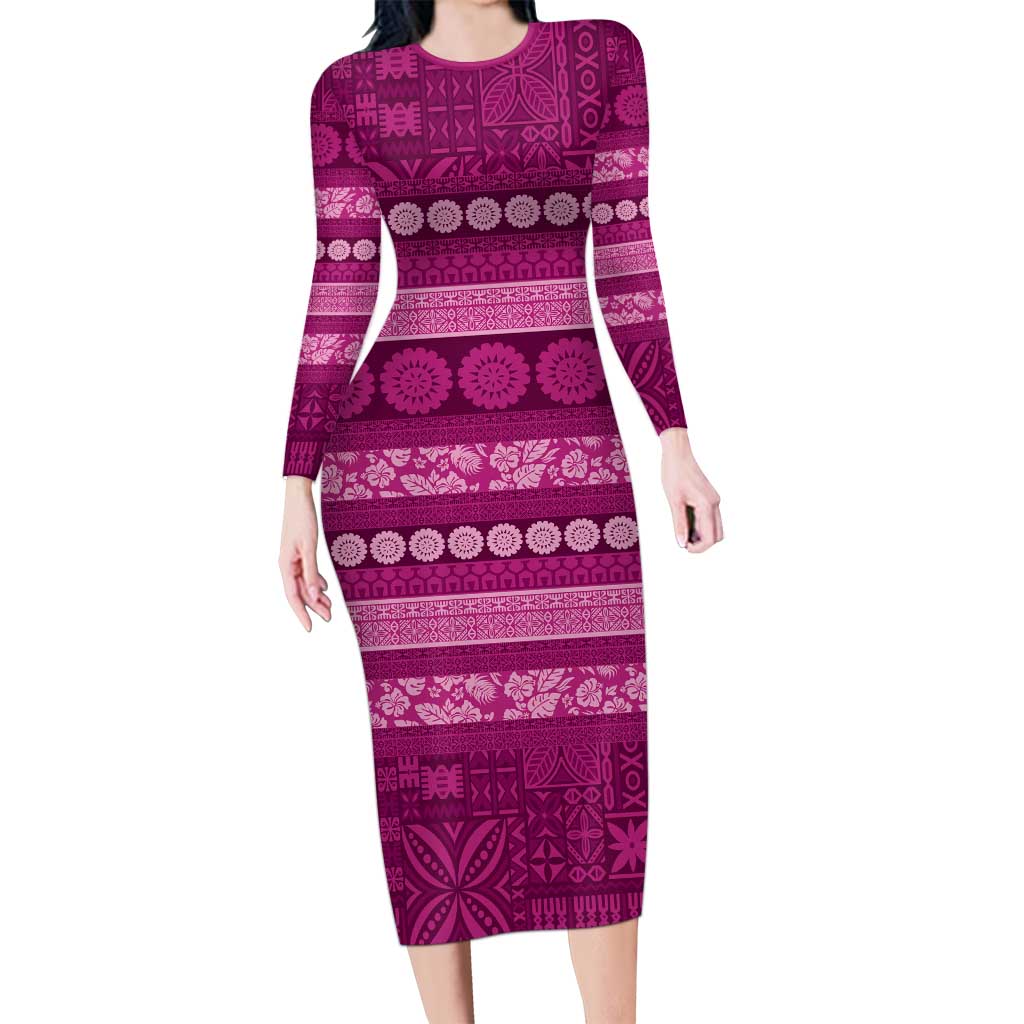 Fiji Marau na Kerisimasi Long Sleeve Bodycon Dress Pink Tapa Masi Inspired Christmas LT9 Long Dress Pink - Polynesian Pride