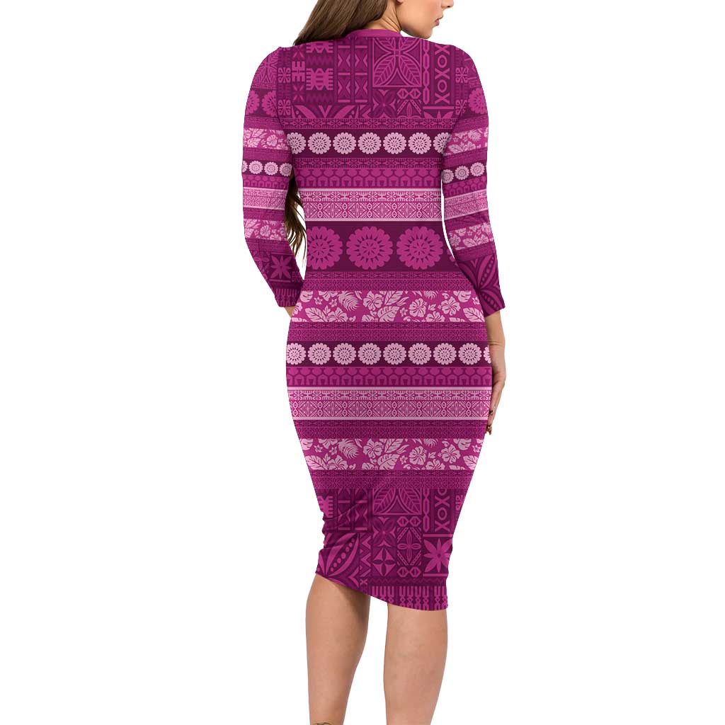 Fiji Marau na Kerisimasi Long Sleeve Bodycon Dress Pink Tapa Masi Inspired Christmas LT9 - Polynesian Pride