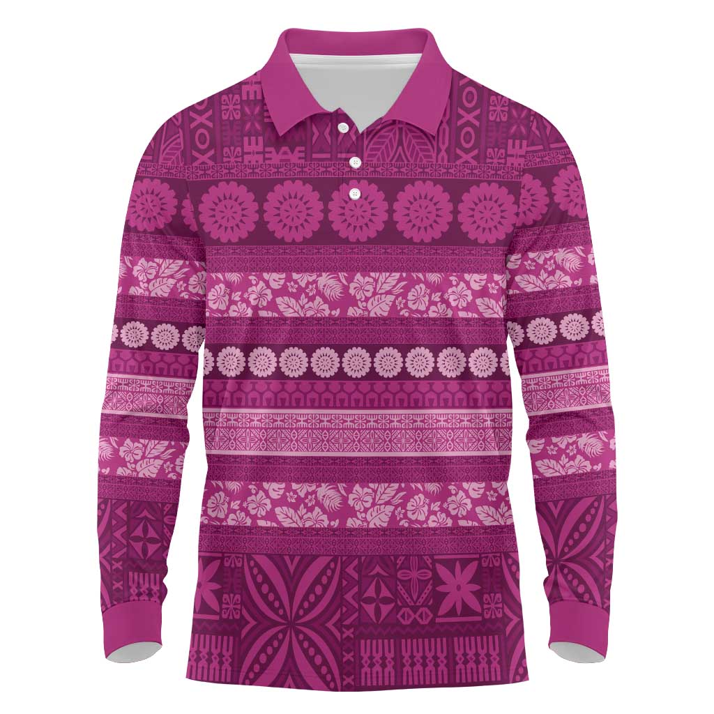 Fiji Marau na Kerisimasi Long Sleeve Polo Shirt Pink Tapa Masi Inspired Christmas LT9 Pink - Polynesian Pride