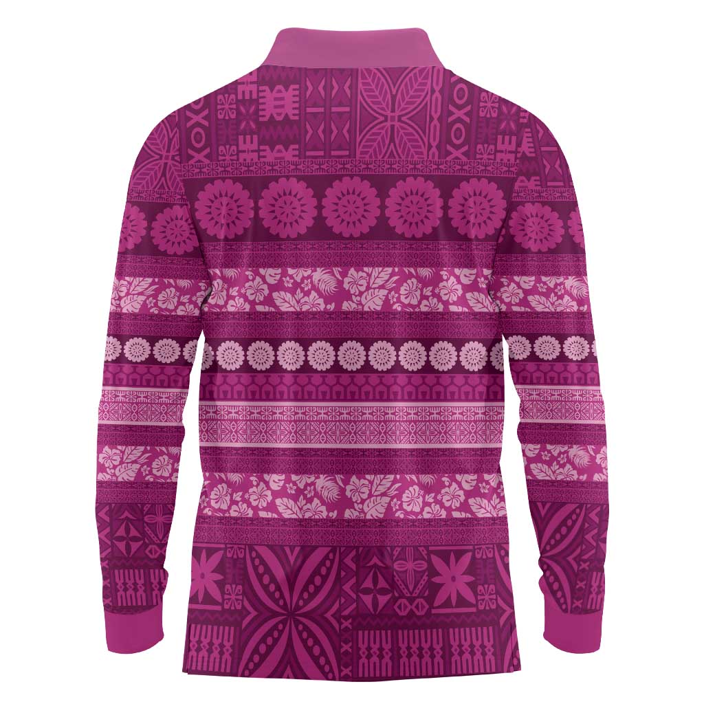Fiji Marau na Kerisimasi Long Sleeve Polo Shirt Pink Tapa Masi Inspired Christmas LT9 - Polynesian Pride