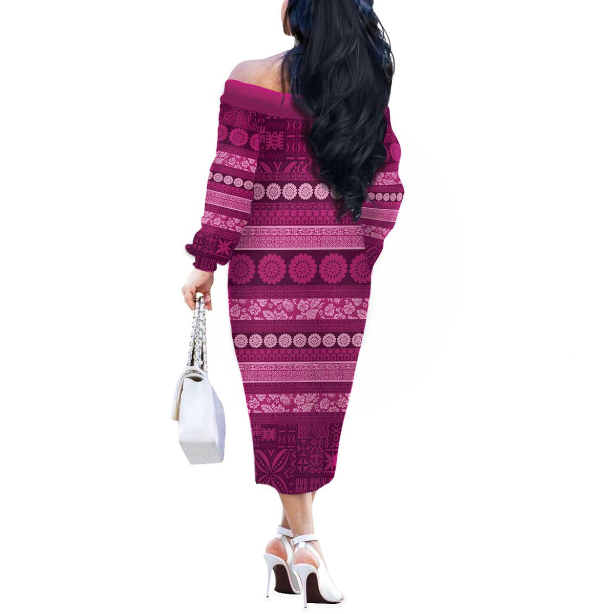 Fiji Marau na Kerisimasi Off The Shoulder Long Sleeve Dress Pink Tapa Masi Inspired Christmas LT9 - Polynesian Pride