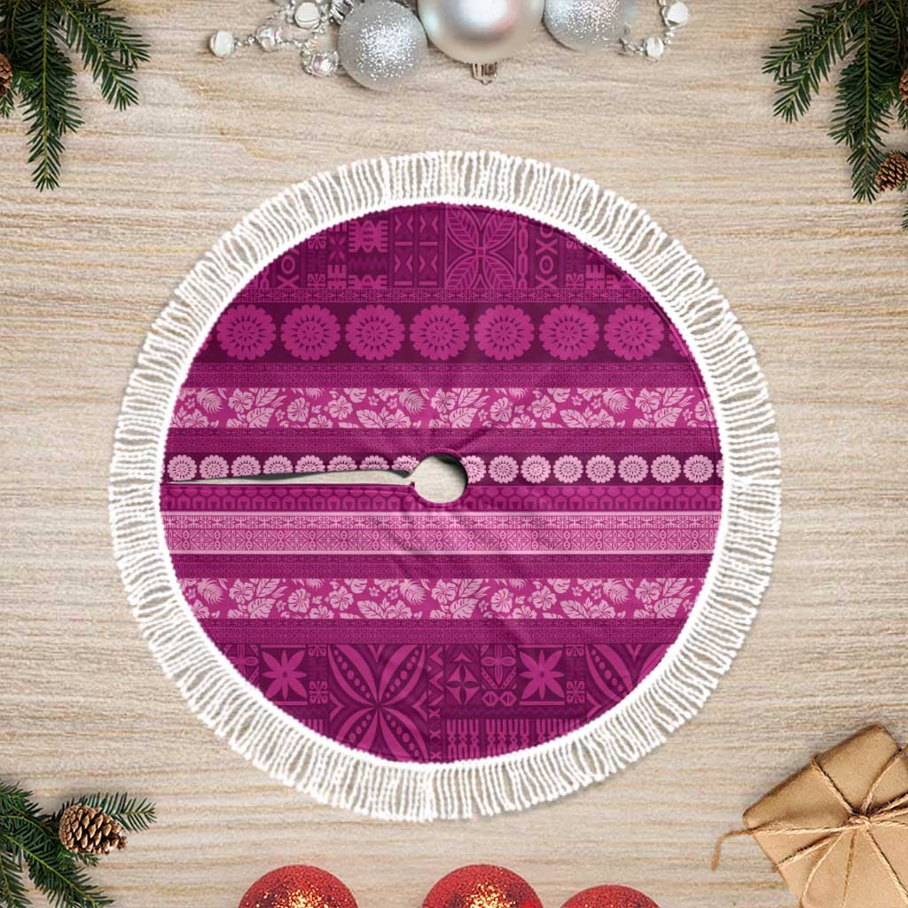 Fiji Marau na Kerisimasi Tree Skirt Pink Tapa Masi Inspired Christmas LT9 Fringed Pink - Polynesian Pride