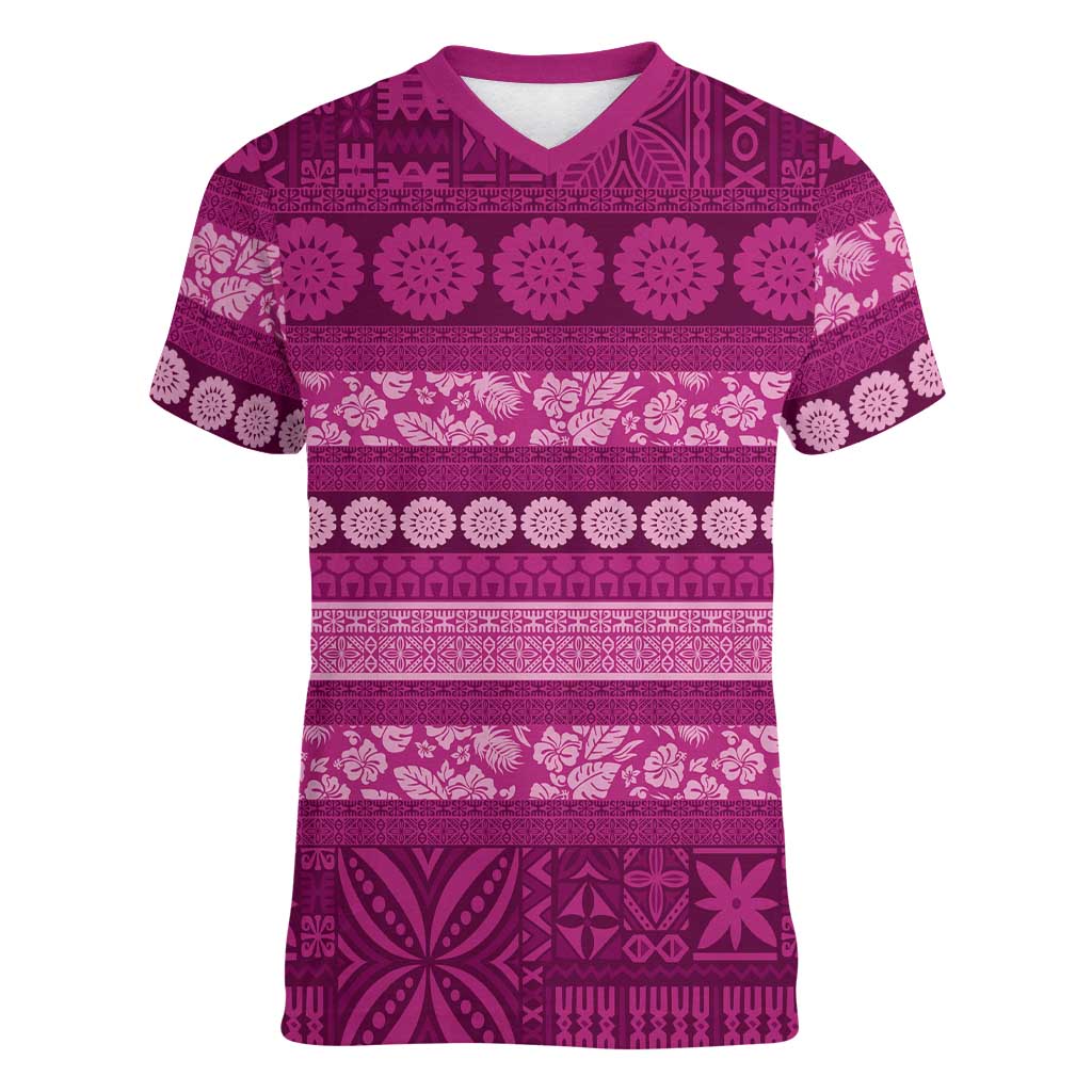 Fiji Marau na Kerisimasi Women V-Neck T-Shirt Pink Tapa Masi Inspired Christmas - Polynesian Pride