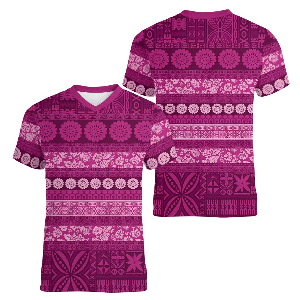 Fiji Marau na Kerisimasi Women V-Neck T-Shirt Pink Tapa Masi Inspired Christmas LT9 - Polynesian Pride