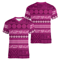 Fiji Marau na Kerisimasi Women V-Neck T-Shirt Pink Tapa Masi Inspired Christmas LT9 - Polynesian Pride