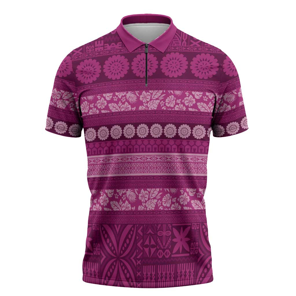 Fiji Marau na Kerisimasi Zipper Polo Shirt Pink Tapa Masi Inspired Christmas LT9 Pink - Polynesian Pride