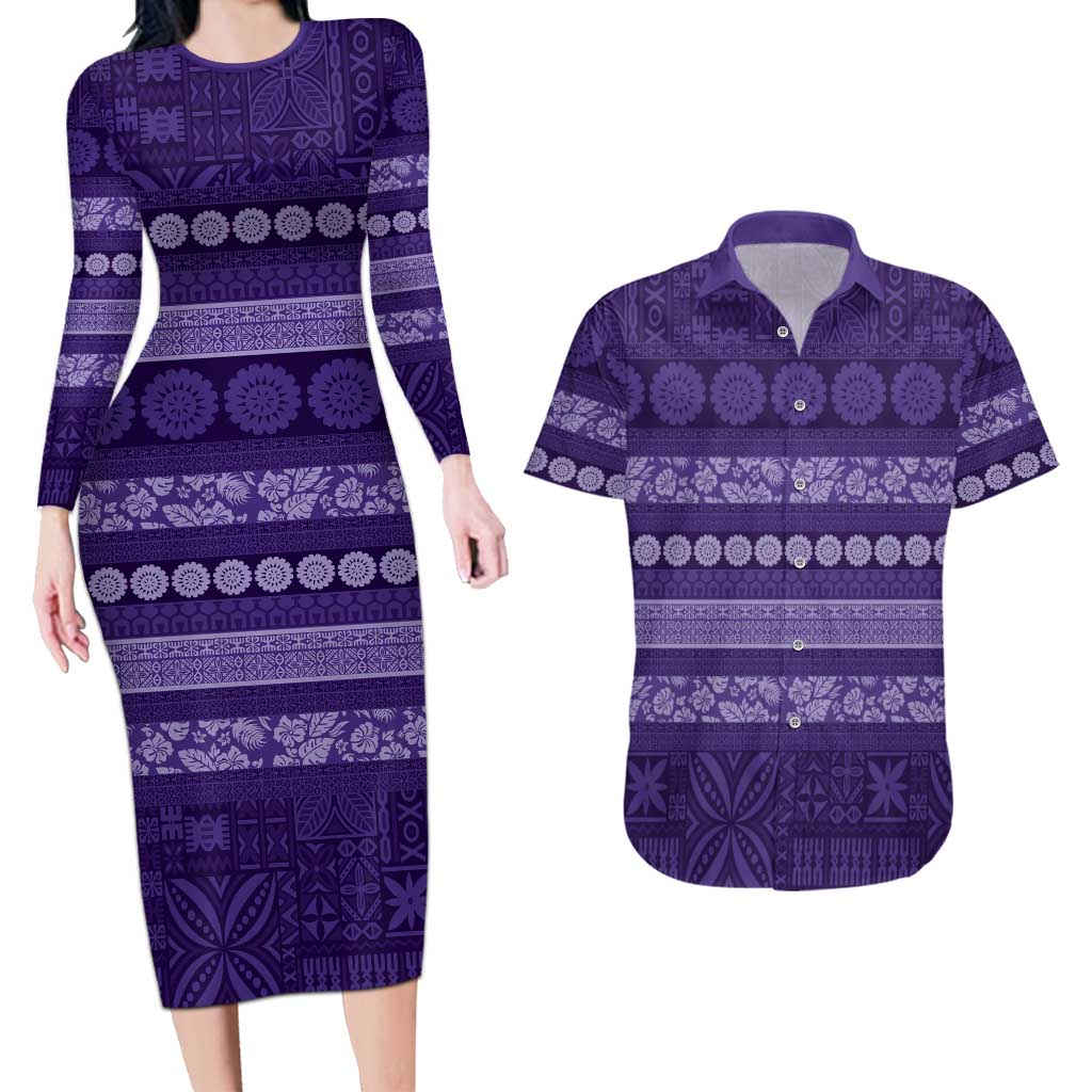 Fiji Marau na Kerisimasi Couples Matching Long Sleeve Bodycon Dress and Hawaiian Shirt Purple Tapa Masi Inspired Christmas LT9 Purple - Polynesian Pride