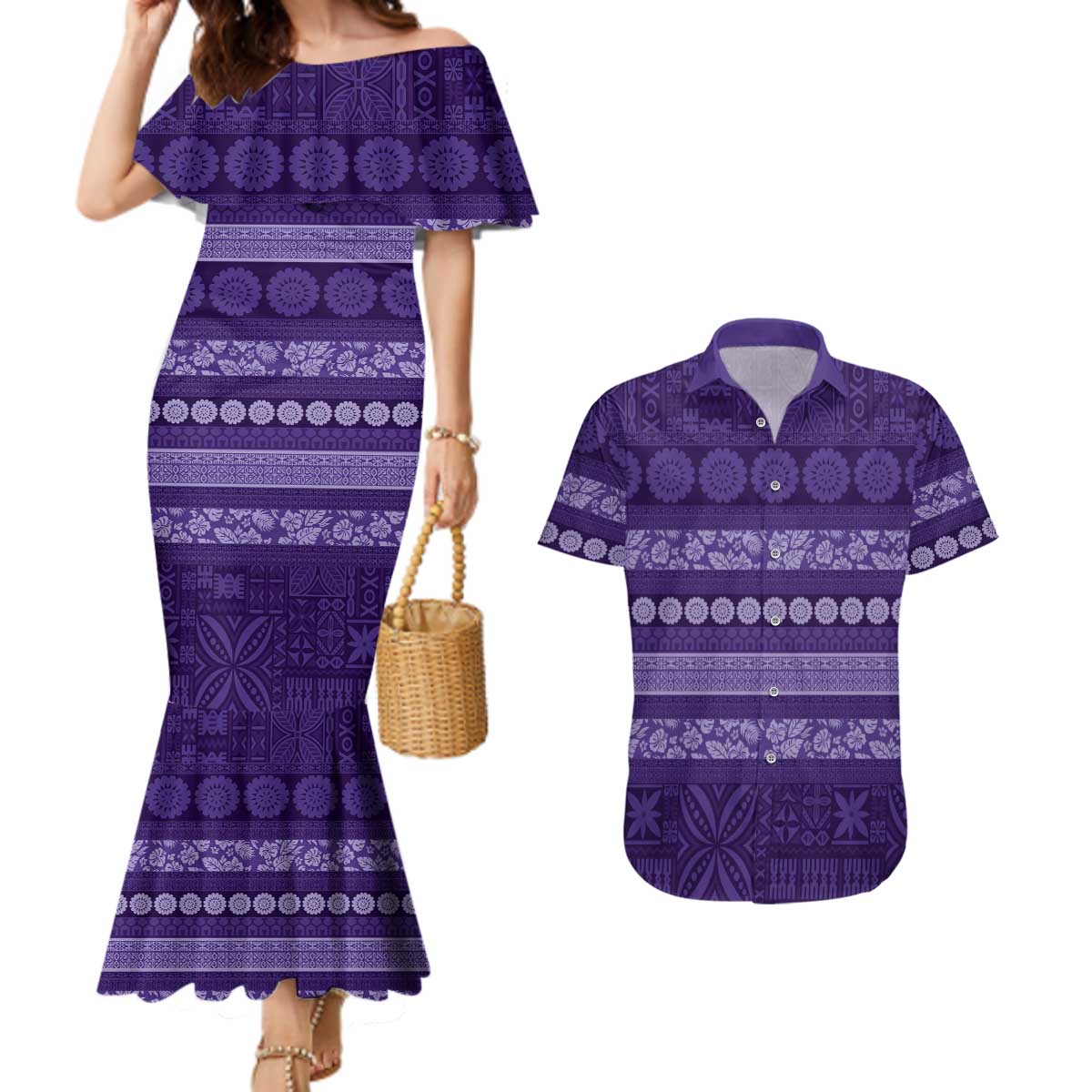 Fiji Marau na Kerisimasi Couples Matching Mermaid Dress and Hawaiian Shirt Purple Tapa Masi Inspired Christmas LT9 Purple - Polynesian Pride