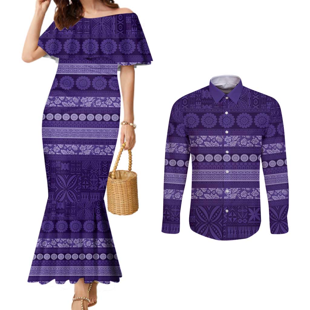 Fiji Marau na Kerisimasi Couples Matching Mermaid Dress and Long Sleeve Button Shirt Purple Tapa Masi Inspired Christmas LT9 Purple - Polynesian Pride