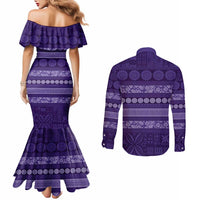 Fiji Marau na Kerisimasi Couples Matching Mermaid Dress and Long Sleeve Button Shirt Purple Tapa Masi Inspired Christmas LT9 - Polynesian Pride