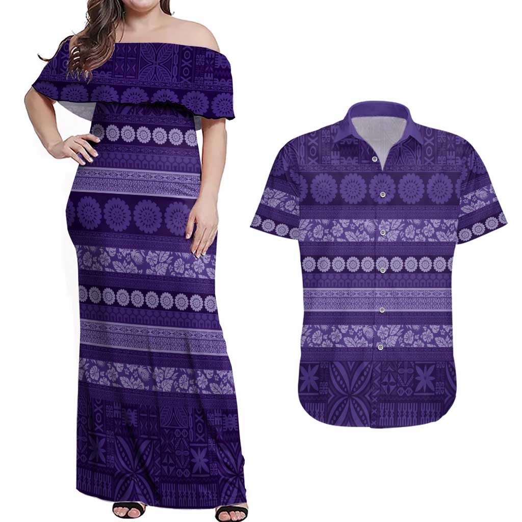 Fiji Marau na Kerisimasi Couples Matching Off Shoulder Maxi Dress and Hawaiian Shirt Purple Tapa Masi Inspired Christmas - Polynesian Pride