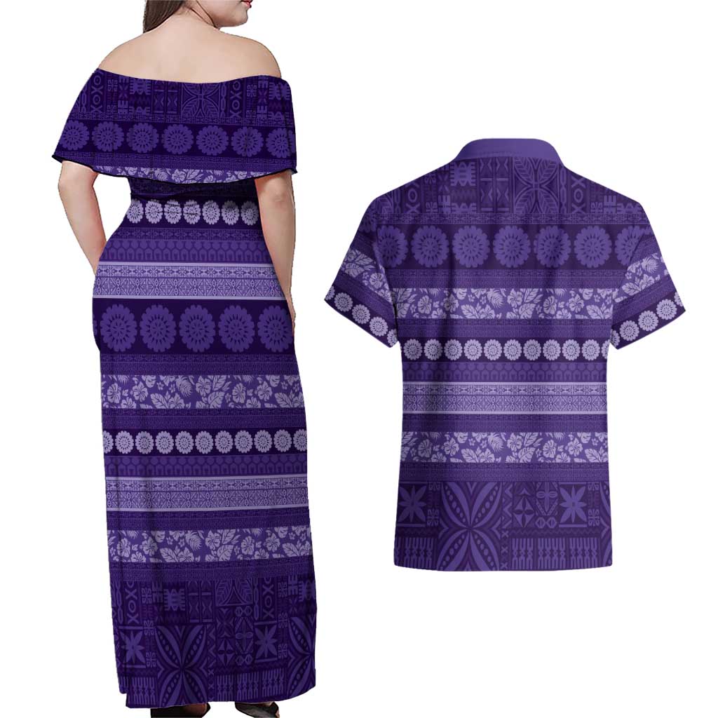 Fiji Marau na Kerisimasi Couples Matching Off Shoulder Maxi Dress and Hawaiian Shirt Purple Tapa Masi Inspired Christmas LT9 - Polynesian Pride