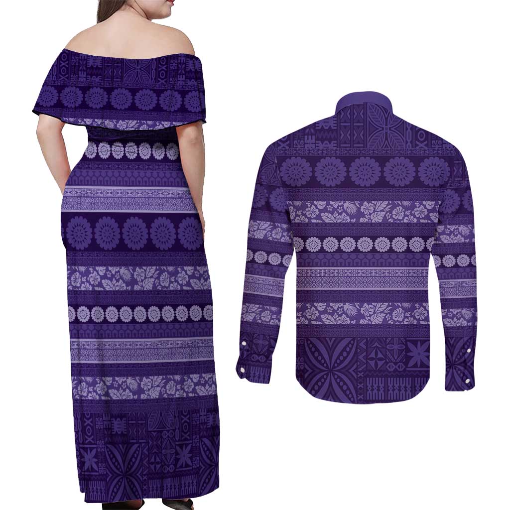 Fiji Marau na Kerisimasi Couples Matching Off Shoulder Maxi Dress and Long Sleeve Button Shirt Purple Tapa Masi Inspired Christmas LT9 - Polynesian Pride
