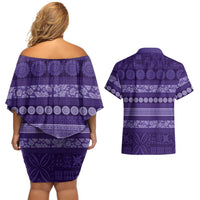Fiji Marau na Kerisimasi Couples Matching Off Shoulder Short Dress and Hawaiian Shirt Purple Tapa Masi Inspired Christmas LT9 - Polynesian Pride
