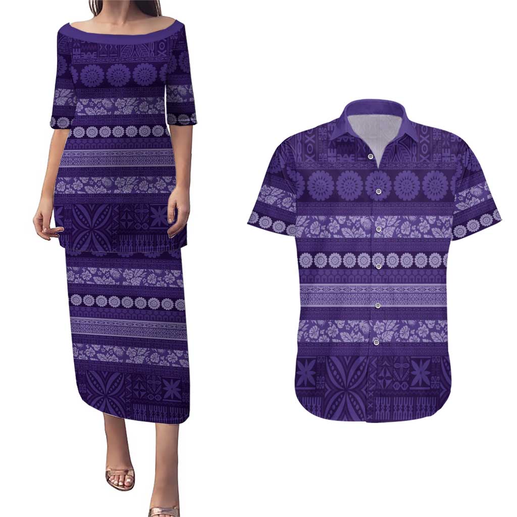 Fiji Marau na Kerisimasi Couples Matching Puletasi and Hawaiian Shirt Purple Tapa Masi Inspired Christmas - Polynesian Pride