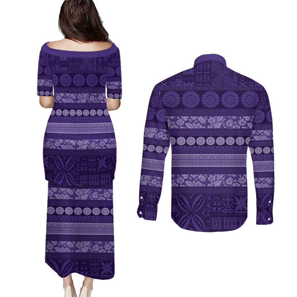Fiji Marau na Kerisimasi Couples Matching Puletasi and Long Sleeve Button Shirt Purple Tapa Masi Inspired Christmas LT9 - Polynesian Pride